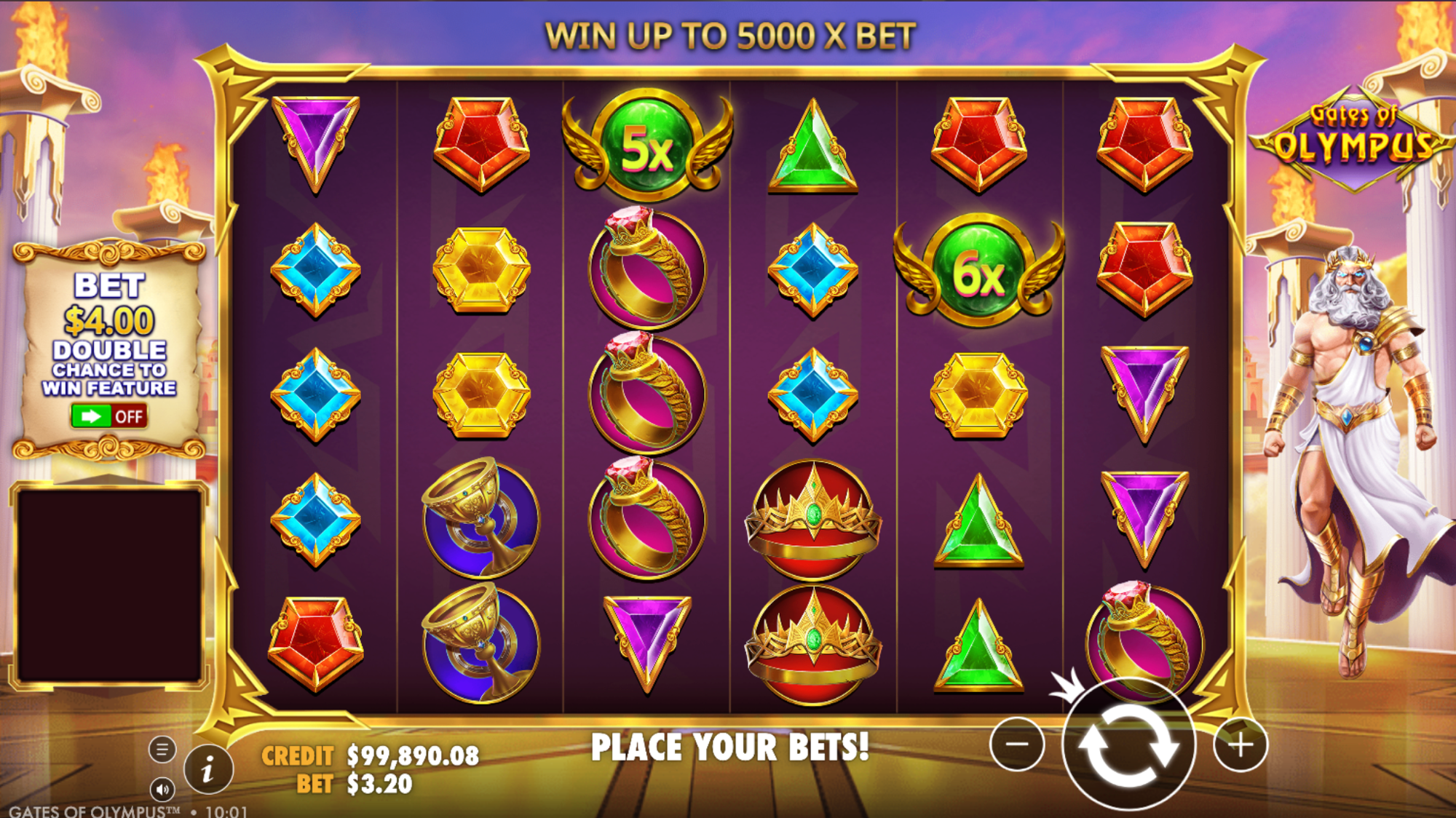Gates of Olympus gameplay screenshot showing multiplier orbs 5x and 6x on the 6x5 grid at $3.20 stake