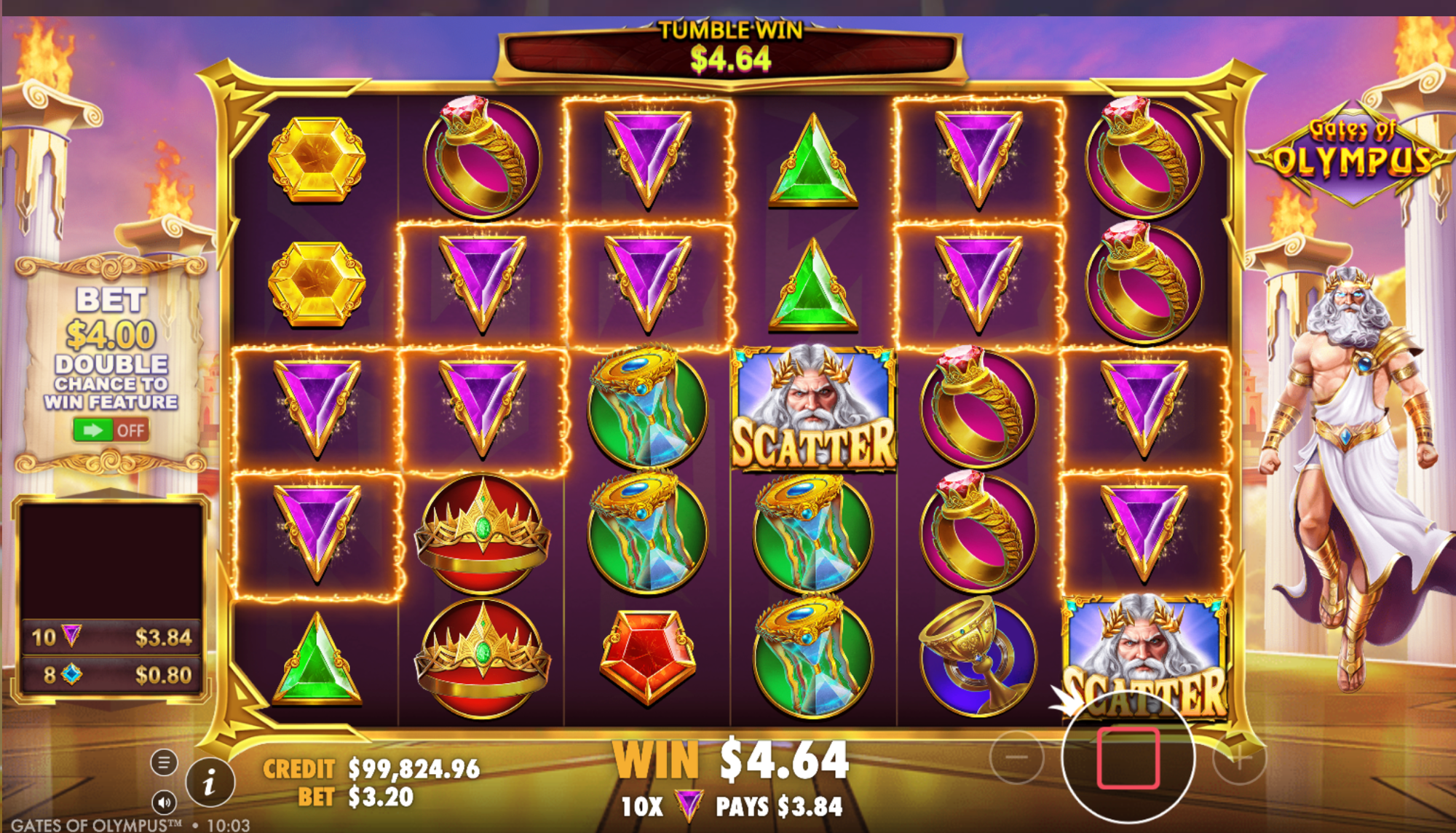 Gates of Olympus gameplay screenshot showing WIN $4.64 with Zeus Scatter symbols on the grid